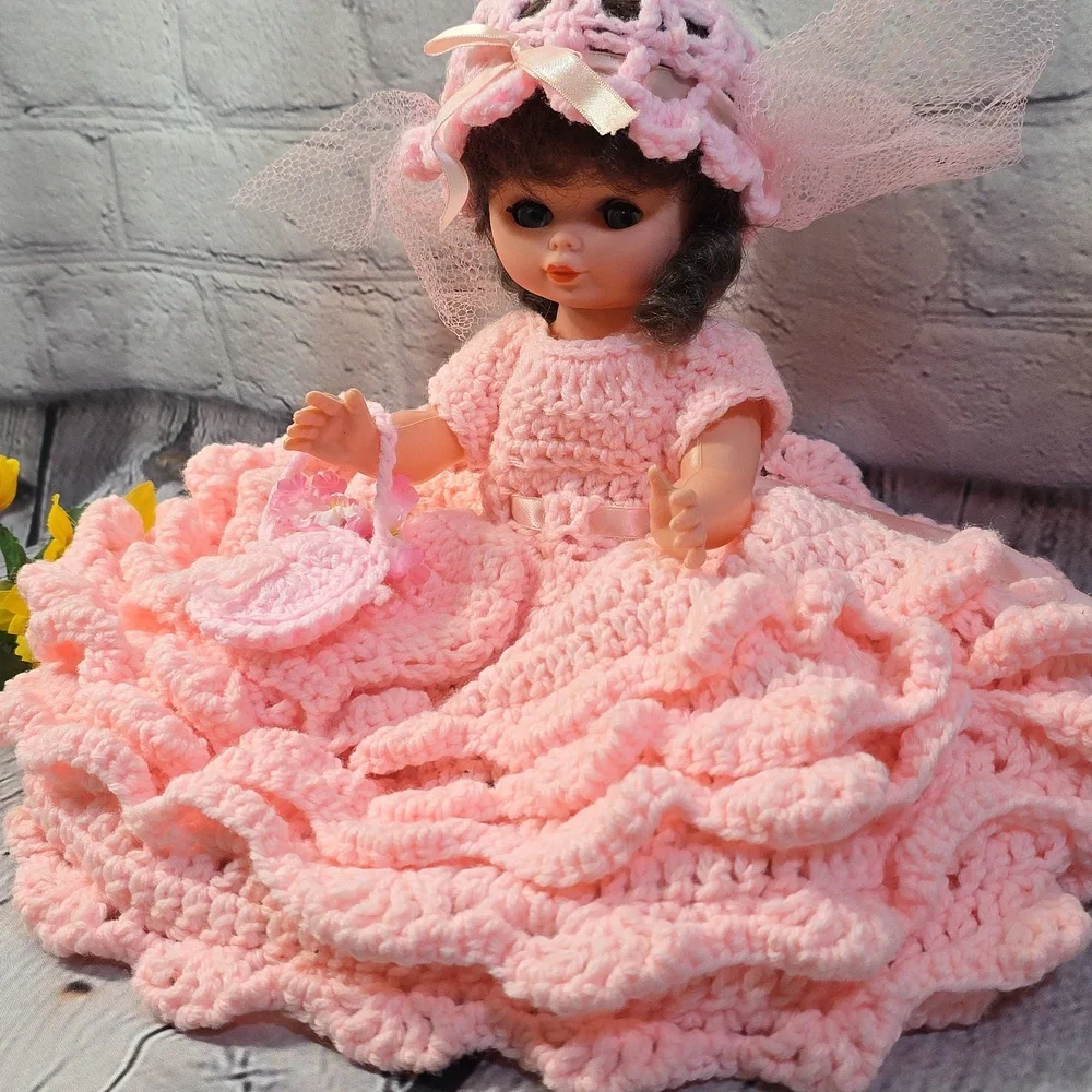 Vintage Angel Doll Brunette Crochet Dress and Accessories Pink 14